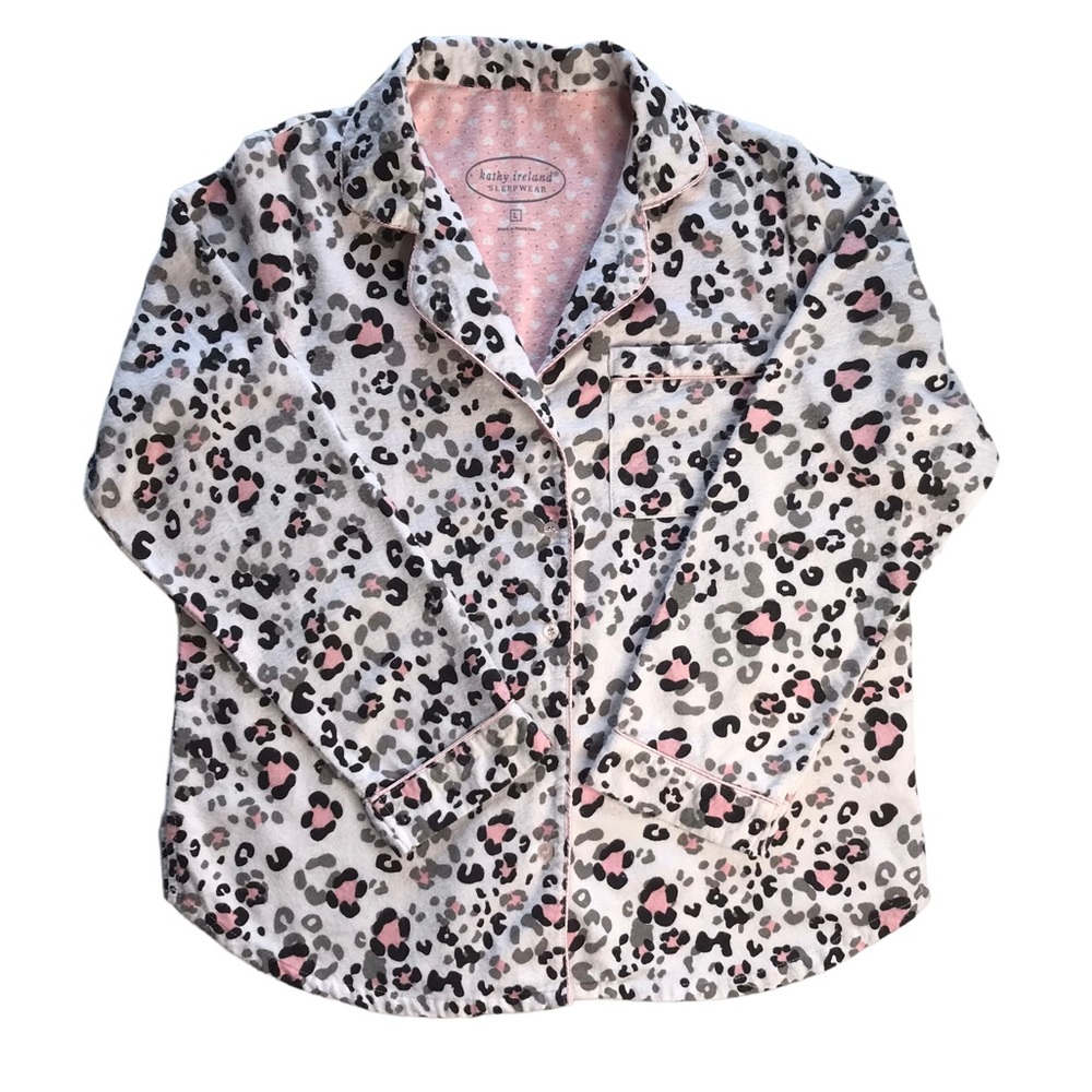 Kathy Ireland Cotton Flannel Pajama Top Leopard Print Sleep Shirt Cozy Warm Sz L